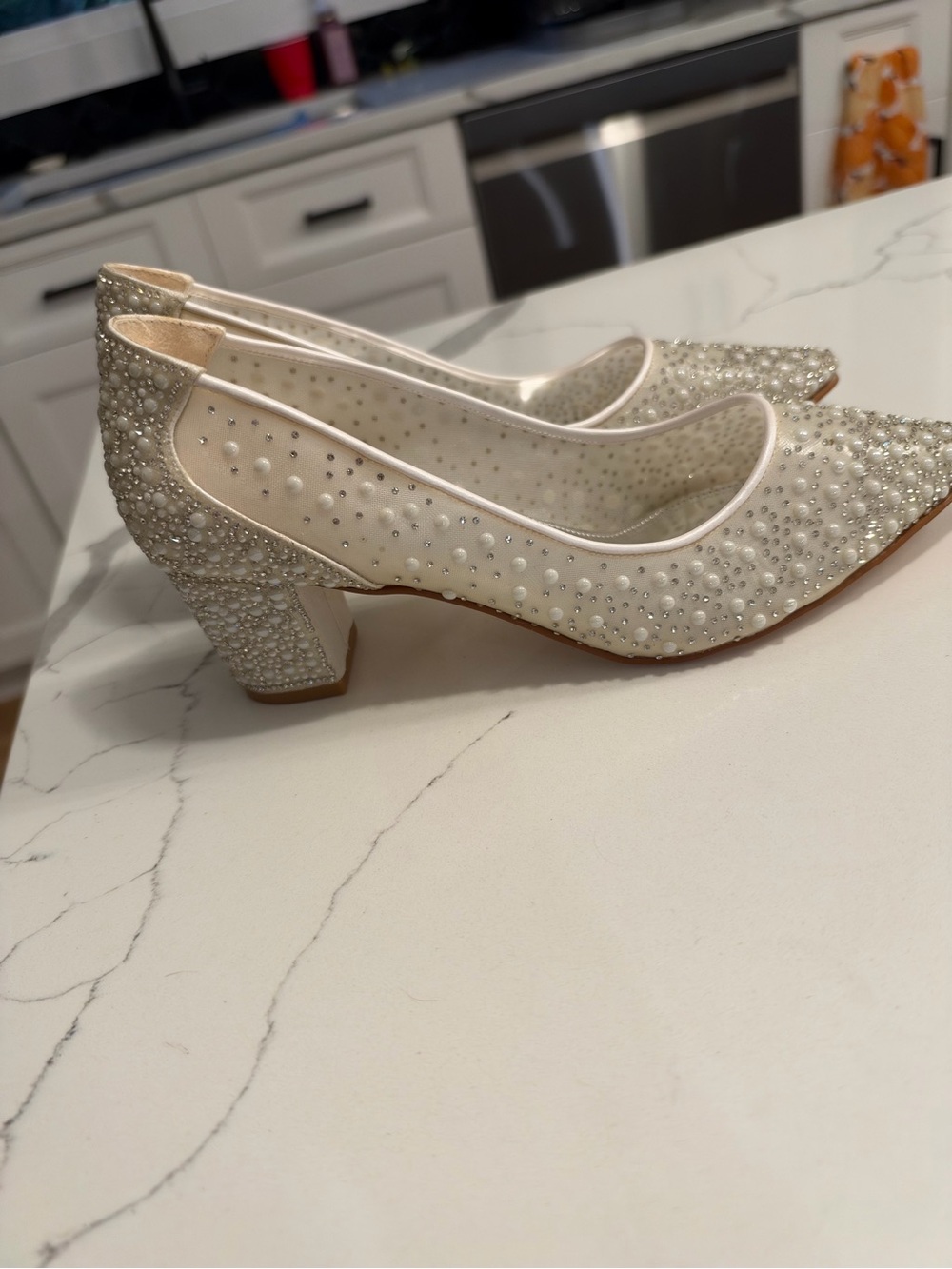 Embellished Ivory Block Heel Pumps